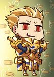  april_fools armor blonde_hair chibi crossed_arms fate/grand_order fate/stay_night fate_(series) gate_of_babylon gilgamesh hair_slicked_back male_focus official_art red_eyes riyo_(lyomsnpmp) smirk smug solo 