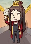  april_fools brown_eyes brown_hair chibi fan fate/grand_order fate/stay_night fate/zero fate_(series) headdress long_hair lord_el-melloi_ii male_focus official_art older open_mouth riyo_(lyomsnpmp) smile solo wall waver_velvet 