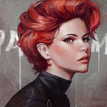  artist_name blue_eyes grey_background guweiz light_rays looking_at_viewer parted_lips pink_lips red_hair short_hair simple_background solo sweater upper_body 