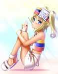  bare_shoulders blonde_hair blue_eyes blush food ice_cream legs_up looking_at_viewer mini_stop mouth_hold mutsuki_hiiro personification short_hair sitting skirt solo spoon tan twintails 