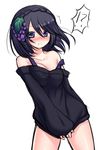  /\/\/\ 1girl bad_id bad_pixiv_id bangs bare_shoulders black_hair blush braid breasts collarbone cowboy_shot eyebrows eyebrows_visible_through_hair eyes_visible_through_hair food_themed_hair_ornament french_braid grape_hair_ornament hair_between_eyes hair_ornament highres knit_(pop'n_music) looking_down medium_breasts muraji0419 no_pants nose_blush off-shoulder_shirt off_shoulder pop'n_music purple_eyes shirt shirt_tug short_hair simple_background sketch sleeves_past_wrists solo strap_slip sweatdrop white_background wide_sleeves 