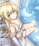  47_(479992103) bare_legs blonde_hair blue_eyes breasts cleavage dated gloves highres maplestory mercedes_(maplestory) pointy_ears skirt water white_gloves 