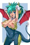  animal_humanoid big_breasts blue_eyes breast_squish breasts dragon dragon_humanoid female green_hair hair horn humanoid knrin nipples open_mouth plump_labia pose pussy raised_arm solo sweat voluptuous wings 