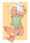  barefoot blue_eyes borrowed_character colored_eyelashes dark_skin earring facial_tattoo feet female hadakichi irezumi-san_(ozka) open_mouth short_shorts shorts soles solo tattoo toes topknot white_border white_hair yellow_background 