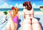  2girls ass back backboob bare_shoulders barefoot beach beach_blanket bikini blanket blush bow bra breasts brown_hair eyes_closed feet from_behind from_below hair_bow hair_tubes hakurei_reimu horns huge_ass ibuki_suika long_hair lying multiple_girls on_stomach open_mouth orange_hair panties radish shiny shiny_hair shiny_skin smile somalia swimsuit thong thong_bikini toes touhou 