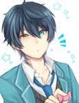  black_hair blue_eyes candy ensemble_stars! food heterochromia highres kagehira_mika male_focus necktie pout sinzuu solo star starry_background suit_jacket sweater_vest upper_body yellow_eyes 