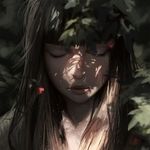  bangs black_hair blunt_bangs blurry closed_eyes closed_mouth dappled_sunlight day depth_of_field face forest guweiz long_hair nature original outdoors pink_lips plant solo sunlight tree 