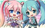  angelic_buster blue_eyes blue_hair bow bowtie crossover detached_sleeves fang hatsune_miku holding_hands horns long_hair maplestory multiple_girls nekono_rin open_mouth pink_hair pleated_skirt pointing purple_skirt ribbon skirt smile thighhighs twintails very_long_hair vocaloid 