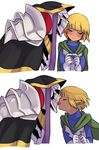  ainz_ooal_gown blonde_hair blue_eyes blush cape dark_elf dark_skin gloves green_eyes hood kiss mare_bello_fiore masiro_(artist) multiple_boys overlord_(maruyama) red_eyes robe skeleton trap yaoi 