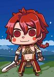  alexander_(fate/grand_order) april_fools blush_stickers chibi fate/grand_order fate_(series) male_focus official_art red_eyes red_hair riyo_(lyomsnpmp) solo sword weapon 