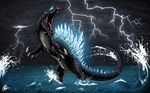  ambiguous_gender fredthedinosaurman glowing godzilla godzilla_(series) kaiju lightning sea solo spikes teeth tongue water wave 
