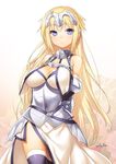  47agdragon armor armored_dress bare_shoulders blonde_hair breasts cleavage detached_sleeves dress fate/apocrypha fate/grand_order fate_(series) grey_eyes grey_legwear headpiece highres jeanne_d'arc_(fate) jeanne_d'arc_(fate)_(all) large_breasts long_hair looking_at_viewer smile solo thighhighs thighs very_long_hair white_dress 
