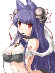  animal_ears bell blush breasts cleavage erune food fox_ears gloves granblue_fantasy hair_bell hair_ornament jingle_bell kuro_(be_ok) large_breasts long_hair looking_at_viewer mouth_hold navel pocky purple_hair red_eyes smile solo very_long_hair yuel_(granblue_fantasy) 