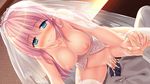  1girl ahoge bare_shoulders blue_eyes blush breasts bridal_veil censored collarbone corset cum cum_in_pussy fukigami_hatsune game_cg garter_straps girl_on_top hetero interlocked_fingers large_breasts long_hair mosaic_censoring nipples penis pink_hair sakura_no_mori_dreamers sex smile solo_focus sweat thighhighs vaginal veil white_legwear yamakaze_ran 