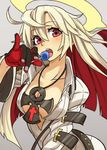  breasts candy cleavage food gazacy_(dai) gloves guilty_gear guilty_gear_xrd halo highres jack-o'_valentine large_breasts lollipop long_hair looking_at_viewer multicolored_hair red_eyes red_hair solo two-tone_hair white_hair 