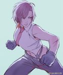  black_gloves breasts clenched_hands gloves large_breasts midriff navel necktie pants red_hair rejean_dubois short_hair signature simple_background sleeveless solo suspenders suspenders_under_shirt the_king_of_fighters twitter_username vanessa_(king_of_fighters) 