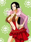  amazon black_hair blue_eyes boa_hancock breasts cleavage dress earrings female kuja large_breasts legs lipstick long_hair long_skirt looking_at_viewer makeup one_piece red_dress sideboob skirt skull solo 