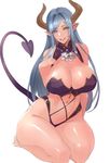  bare_shoulders blue_eyes blue_hair breasts brooch damegane demon_girl demon_horns demon_tail downscaled highres horns huge_breasts jewelry long_hair looking_at_viewer md5_mismatch navel original pointy_ears resized revealing_clothes sketch smile solo tail thick_thighs thighs white_background 