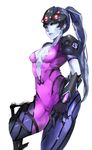  applepie_(12711019) black_gloves blue_hair blue_skin bodysuit breasts center_opening gloves head_mounted_display highres lips long_hair looking_at_viewer medium_breasts overwatch pink_bodysuit ponytail simple_background solo white_background widowmaker_(overwatch) yellow_eyes 