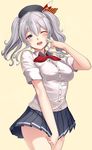  :o akasaai arm_up bare_arms beret black_hat bow breasts buttons cowboy_shot finger_to_cheek hair_between_eyes hat hat_bow head_tilt highres kantai_collection kashima_(kantai_collection) kerchief large_breasts long_sleeves looking_at_viewer one_eye_closed open_mouth pleated_skirt red_ribbon ribbon shirt short_hair short_twintails silver_hair simple_background skirt skirt_tug solo standing thighs twintails uniform wavy_hair white_shirt yellow_background 