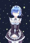  blue_hair closed_eyes cowboy_shot detached_collar detached_sleeves facing_viewer frills hair_ornament hair_over_one_eye hands_together highres lights maid maid_headdress pantyhose re:zero_kara_hajimeru_isekai_seikatsu rem_(re:zero) ribbon rumaki short_hair smile solo v_arms white_legwear x_hair_ornament 