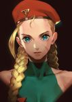  1girl antenna_hair beret blonde_hair blue_eyes braid cammy_white collarbone commentary_request green_leotard hat leotard looking_at_viewer mita_chisato portrait scar sleeveless solo street_fighter twin_braids 