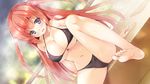  akina_akitsuki arm_support barefoot bathroom bikini black_bikini blue_eyes blush breasts cleavage dutch_angle feet game_cg highres large_breasts long_hair navel open_mouth red_hair seiken_tsukai_no_proposition shiny shiny_skin sitting smile solo steam swimsuit two_side_up yuitsuki_karin 