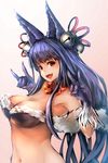  animal_ears bell breasts cleavage erune fang fox_ears fox_shadow_puppet gloves granblue_fantasy hair_bell hair_ornament highres huge_breasts long_hair looking_at_viewer navel open_mouth pooosong purple_hair red_eyes smile solo very_long_hair yuel_(granblue_fantasy) 