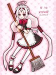  ahoge alternate_costume ankle_cuffs apron bow broom enmaided forehead_jewel full_body hair_tubes hayase huge_ahoge long_hair low_twintails maid maid_headdress mary_janes puffy_sleeves red_bow red_eyes shoes solo twintails under_night_in-birth vatista very_long_hair waist_apron white_hair white_legwear wrist_cuffs 