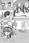  &gt;_&lt; absurdres asphyxiation bangs bare_shoulders bubble closed_eyes comic commentary drowning fang folded_ponytail greyscale hair_ornament hairclip highres ikazuchi_(kantai_collection) inazuma_(kantai_collection) innertube kantai_collection kickboard lightning_bolt lightning_bolt_hair_ornament meitoro monochrome multiple_girls nanodesu_(phrase) ocean open_mouth outdoors pout ripples school_swimsuit shirayuki_(kantai_collection) speech_bubble sweatdrop swimming swimsuit translated 