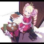  back beatrice_(re:zero) black_legwear blonde_hair blue_eyes blush book book_stack bow capelet chorin closed_mouth closet copyright_name creamer_(vessel) crown cup dress drill_hair drink from_above from_behind full_body hair_ribbon highres holding holding_book letterboxed light_particles long_hair long_sleeves looking_at_viewer mini_crown open_book pantyhose pink_bow pink_dress pink_footwear plate re:zero_kara_hajimeru_isekai_seikatsu ribbon saucer shade shadow shoes sitting solo stool striped striped_bow symbol-shaped_pupils table tea_set teacup teapot twin_drills twintails white_background wide_sleeves 