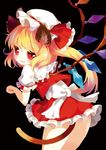  animal_ears blonde_hair capelet cat_ears cat_tail cowboy_shot cropped_vest fang flandre_scarlet kemonomimi_mode looking_at_viewer miniskirt open_mouth puffy_short_sleeves puffy_sleeves red_eyes shirt short_sleeves side_ponytail skirt skirt_set smile solo taharu_kousuke tail thighs touhou vest wings 