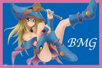  bad_id bad_pixiv_id bare_shoulders blonde_hair blue_footwear blush blush_stickers boots breasts choker cleavage dark_magician_girl duel_monster green_eyes hat large_breasts long_hair love_(pspdspsp) pentacle smile solo staff wizard_hat yuu-gi-ou yuu-gi-ou_duel_monsters 
