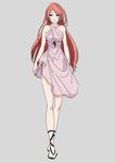  absurdres bare_legs bare_shoulders dress evillious_nendaiki highres long_hair ma_survival_(vocaloid) milky_eights purple_dress red_eyes red_hair sandals sf-a2_miki short_dress side_ponytail simple_background sleeveless sleeveless_dress solo tokudaiji very_long_hair vocaloid 