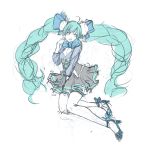 1girl ahoge alternate_costume aqua_hair borrowed_design cleavage_cutout commentary dress english_commentary floating_hair full_body hatsune_miku high_heels highres legs_together long_hair panties_(pantsu-pirate) sketch solo thighhighs twintails very_long_hair vocaloid white_legwear winter_clothes 