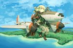  aircraft airplane aqua_eyes asterisk_kome cloud cockpit day flying gloves green_hair island military military_uniform original p-38_lightning_(personification) personification propeller sky solo uniform 