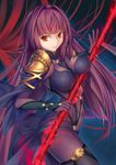  bodysuit breasts fate/grand_order fate_(series) gae_bolg highres long_hair looking_at_viewer md5_mismatch medium_breasts polearm purple_bodysuit purple_hair red_eyes scathach_(fate)_(all) scathach_(fate/grand_order) solo spear tsuki_suigetsu weapon 