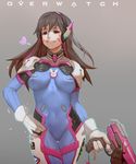  animal_print bangs bodysuit breasts brown_eyes brown_hair bunny_print clothes_writing copyright_name covered_navel covered_nipples cowboy_shot d.va_(overwatch) facial_mark finger_on_trigger gloves gradient gradient_background grey_background grin gun hair_between_eyes hand_on_hip headphones heart highres holding holding_gun holding_weapon long_hair medium_breasts mizu_(dl7613) overwatch pilot_suit pinky_out smile solo thigh_gap weapon whisker_markings white_gloves 