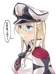  anchor_symbol bangs blonde_hair blue_eyes capelet collar commentary graf_zeppelin_(kantai_collection) hair_between_eyes hat ido_(teketeke) iron_cross kantai_collection long_hair military military_hat military_uniform necktie parted_lips peaked_cap sidelocks sketch solo thought_bubble translated twintails uniform 