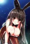  :o alternate_costume animal_ears bare_shoulders black_hair bow bowtie breasts brown_eyes bunny_ears bunny_tail bunnysuit houraisan_kaguya large_breasts long_hair looking_at_viewer nipples pantyhose setsuna_rio solo tail touhou 