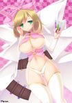  amamiya_marron areola_slip areolae artist_name ass_visible_through_thighs bangs bare_shoulders blonde_hair blush bow breasts bridal_gauntlets cameltoe checkered checkered_background cleavage eyebrows eyebrows_visible_through_hair garter_straps green_eyes hair_bow hand_on_own_face haruka_(senran_kagura) highleg holding labcoat large_breasts legs pink_background pink_bow senran_kagura senran_kagura_shoujo-tachi_no_shin'ei short_hair smile solo test_tube thigh_gap thighhighs thighs underboob white_legwear 