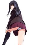  adjusting_clothes adjusting_legwear black_hair blush highres long_hair looking_back matsunaga_kouyou original panties pantyshot school_uniform skirt solo underwear upskirt 