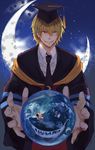  alternate_form ansatsu_kyoushitsu black_jacket black_neckwear blonde_hair collared_shirt commentary crescent_moon dress_shirt earth evil_grin evil_smile floating floating_object formal grin hat highres jacket koro-sensei long_sleeves looking_at_viewer male_focus moon mortarboard necktie orb personification planet robe shirt smile solo suit tassel wing_collar yellow_eyes zhong1234 