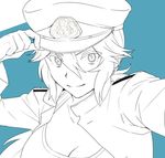  bangs breasts commentary_request epaulettes female_admiral_(kantai_collection) gloves hair_between_eyes hand_on_headwear hat ikeshita_moyuko jacket kantai_collection large_breasts long_hair military military_hat military_uniform monochrome peaked_cap reaching_out self_shot shiomi_kaoru sketch smile solo tank_top uniform upper_body 