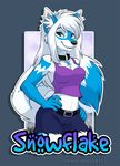  2015 anthro blue_eyes blue_fur breasts canine cleavage clothed clothing collar english_text female fur hair hand_on_hip inner_ear_fluff looking_at_viewer mammal midriff portrait shirt silverdeni smile snow snowflake solo standing tank_top text three-quarter_portrait white_fur white_hair wolf 