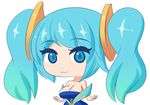  blue_eyes blue_hair breasts chibi cleavage jcdr league_of_legends looking_at_viewer sona_buvelle twintails 