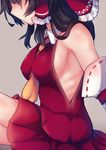  absurdres ascot bare_shoulders beni_shake breasts commentary_request detached_sleeves hair_over_eyes hair_tubes hakurei_reimu highres large_breasts no_bra ribbon-trimmed_sleeves ribbon_trim ribs shirt sideboob sitting skirt solo touhou 