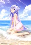  absurdres barefoot beach bikini black_bikini cloud copyright_name day gakusen_toshi_asterisk highres ishikawa_tomomi long_hair ocean official_art outdoors purple_eyes purple_hair see-through sky solo swimsuit sylvia_lyyneheym toenail_polish very_long_hair water 