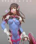  animal_print bangs bodysuit breasts brown_eyes brown_hair bubble_blowing bunny_print chewing_gum clothes_writing copyright_name covered_navel covered_nipples cowboy_shot d.va_(overwatch) facial_mark finger_on_trigger gloves gradient gradient_background grey_background gun hair_between_eyes hand_on_hip headphones highres holding holding_gun holding_weapon long_hair medium_breasts mizu_(dl7613) overwatch pilot_suit pinky_out solo thigh_gap weapon whisker_markings white_gloves 