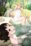  :d absurdres adjusting_hair amayadori_machi barefoot blush bunching_hair highres kumamiko mouth_hold multiple_girls naked_towel nude official_art onsen open_mouth partially_submerged rock sakata_hibiki scan sitting sitting_on_rock smile soaking_feet towel water wet yamazaki_eri_(artist) 